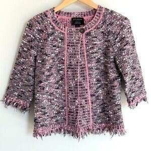 St. John Pink Black Grey Tweed Boucle Fringe Mohair Wool Blend Jacket Size 2